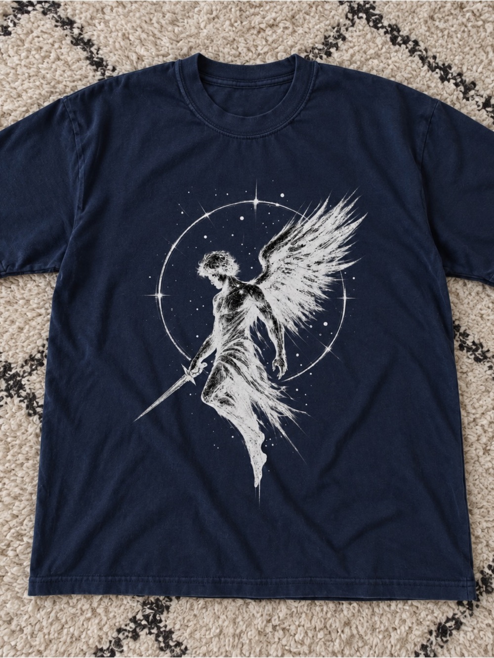 Gildan Navy Short Sleeve Tee with White Angel Sword Graphic
